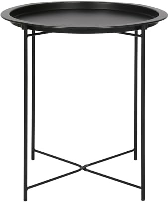 Harbour Housewares Round Tray Table with Removable Tray - Matte Black Steel Bed Side Table Raised Lip Serving Dish Compact Collapsible Folding Stand for Bedroom, Home and Office