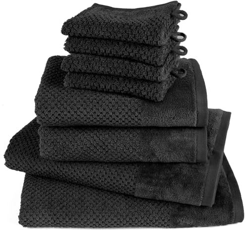Pure Label 8-TLG. Handtücher Set mit Aufhängeschlaufen aus 100% Baumwolle, saugstark und weich - 2X Badetuch (70x140 cm) 2X Handtuch (50x100cm) 4X Waschlappen (16x21 cm), Schwarz
