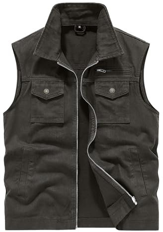Chaleco de mezclilla casual para hombre, con cremallera completa, ligera, sin mangas, con múltiples bolsillos, chaleco cargo de algodón para 2024, Gris, X-Large