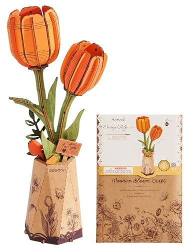 rowood Puzzle 3D tulipe orange, fleur en bois, kit de modélisme pour fleurs artificielles à assembler pour adultes, meilleure décoration de la maison et coffret cadeau de jouets de Saint-Valentin