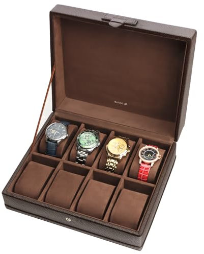 SANZIE 8-Slot Watch Box for Mens Watch Case with Removable Watch Pillows, Watch Holder Organizer Watch Storage with Brown Synthetic Leather (Brown)