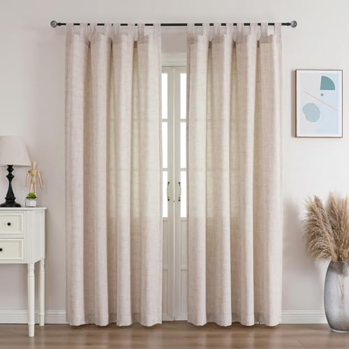 Flyfun Lightweight Linen Curtains 108 Inch Long 2 Panels - Semi Sheer, Light Filtering, TAB TOP, Linen Curtains for Living Room, 52W x 108L