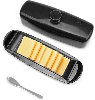 0XBIT Beurrier Plastique, 19×6×5 cm Moule à Beurre Peut Contenir 250 g Beurrier, avec Couvercle Hermétique et Fourchette, pour Conserver Beurre et Fromage, Noir
