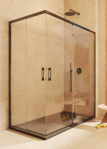 SOULBATH Mampara Angular 2 correderas + 2 fijos, con Perfil Inferior, Fácil instalación Reversible Vidrio de Seguridad 6mm antical, 67,5-70 x 87,5-90 cm Ancho Adaptable - H= 195cm, Negro Mate