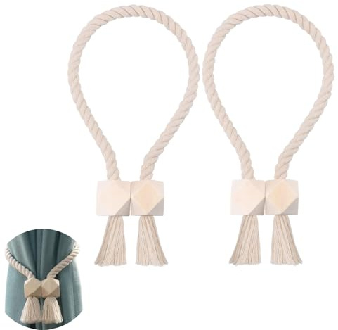 Embrasse Rideau Magnetique,2 Pcs Attache Rideau sans Percage Embrasses Coton Tricoter la Main Attache Rideau Aimantée Anneau Rideau Embrasses Rideaux Décorer pour Bureau, Domicile, Hôtel (Beige)