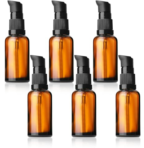 Annlpoy 6 st 30 ml tomma bruna glasflaskor, tomma bärnstensfärgade glaspumpflaskor, återanvändbara för lotioner, schampo och eteriska oljor, UV-skydd för kosmetika