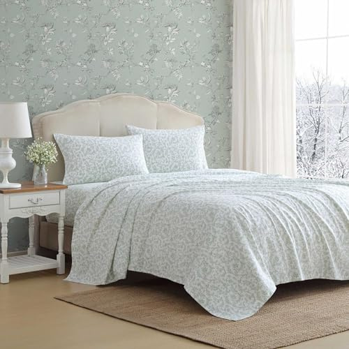 Laura Ashley - Sábanas de Cama Queen, Juego de Ropa de Cama de Franela de algodón con Fundas de Almohada a Juego, Cepillado para Mayor suavidad, Bolsillo Profundo, Certificado Oeko-Tex (Verde Brinna)
