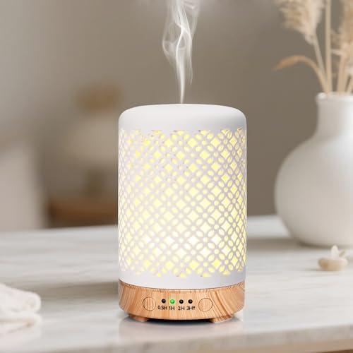 Glovios Diffuseur Huiles Essentielles, 100ml Céramique Diffuseur Humidificateur, Diffuseur Parfum Maison Electrique avec 7 Couleurs LED, D'arrêt Automatique, Essential Oil Diffuser pour Bureau Maison