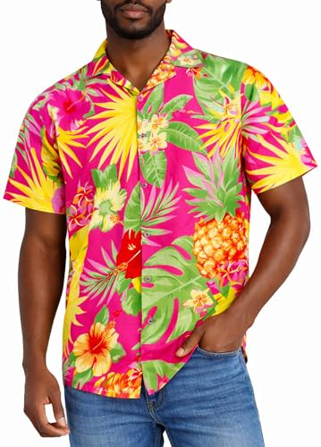 King Kameha Funky Hawaii-skjorta för män, kortärmad, frontficka, Hawaii-tryck, ananas, palmer och blommor, ROSA, 3XL
