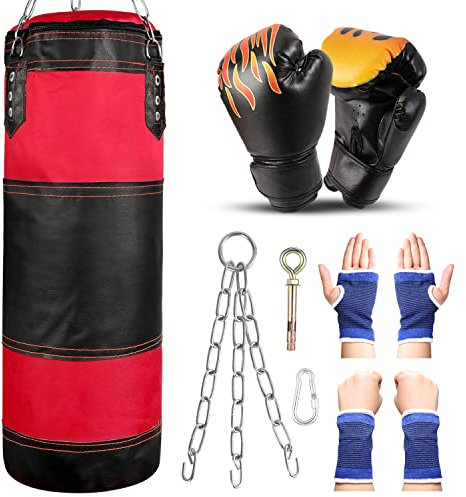 Odoland Boxsack Set für Kinder und Jugendliche 7 IN1 Box Set mit 2FT Boxsack Ungefüllt 6OZ Boxhandschuhen Stahlkette Karabinerhaken Schutzbänder Sandsack Kickboxen MMA Kampfsport Muay Thai