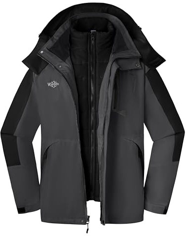 wantdo Men's Warm Snow Coat 3-in-1 Skiing Jacket Hooded Waterproof Jackets Black & Dark Grey M