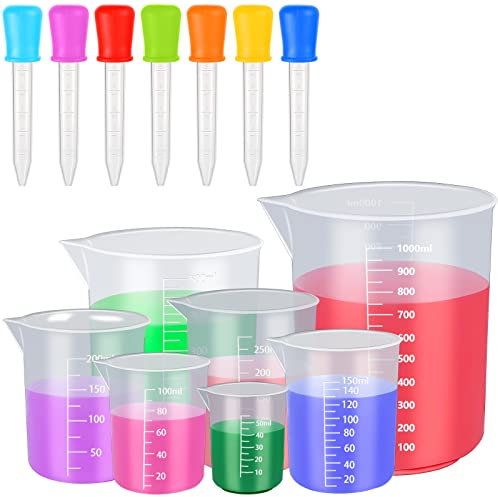 7 Pack Measuring Cups with 7Pcs Silicone Droppers, Heat Resistant Measuring Jugs Set Plastic Jug Beakers Labs Graduated Beakers Mixing Cups Liquid Baking Cooking Measure Tool