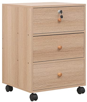 Büro Rollcontainer mit Schubladen abschließbar, mobiler Aktenschrank mit Schloss für Homeoffice, platzsparender Schreibtischunterschrank mit Rollen für Akten & Schreibwaren (3 Schubladen, Kiefer)