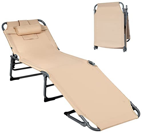 GOPLUS Sonnenliege, Liegestuhl klappbar, Relaxliege mit Gesichtsöffnung zum Sonnenbaden, Gartenliege mit 5-stufig Verstellbarer Rücklehne, inkl. abnehmbares Kissen, für Garten Balkon Strand (Beige)