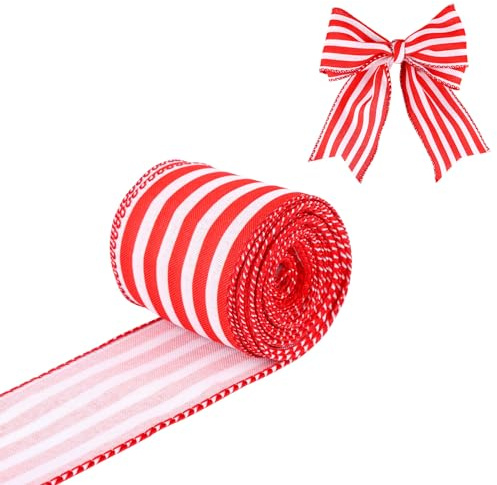 9,14m Cinta a Rayada Rojas y Blancas, 6,3cm Cinta Navideña con Alambre Tela Cinta Navideña para Envolver Regalos Corona Lazo Manualidades Decoraciones para Árboles de Navidad