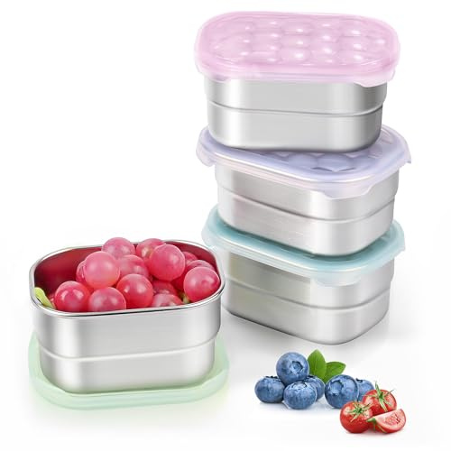 Tanjiae 8oz Small (1 CUP) Stainless Steel Snack Containers for Kids and Toddlers (Ages 1-3) | Easy Open Leak Proof Food Containers with Silicone Lids - Perfect Metal Lunch Box for Daycare and School