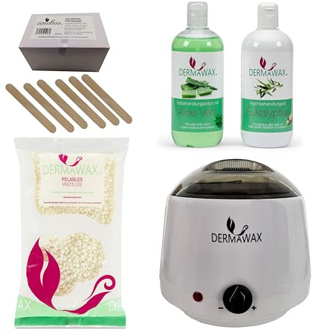 Dermawax Profi Waxing Set zur Haarentfernung 1000 ml Wachswärmer Made in Spanien 800 g Kokosnuss Wachs 500 ml Aloe Vera Vorbehandlungslotion 500 ml Eukalyptus Nachbehandlungsöl 200 Stück Holzspatel