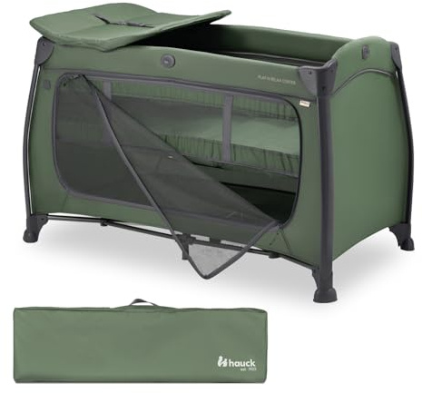 Hauck Play N Relax Center, Dark Green - Baby & Kinderreisebett ab Geburt bis 15 kg mit Neugeboreneneinhang, Wickelauflage, Tragetasche, Rollen, XL Spiel Schlupf, Klein Zusammenklappbar