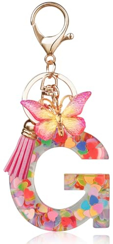 OSDUE Porte-clés pour Fille Lettre,Porte-clés pour Femme avec Lettre Initiale Lettre en Résine avec pendentif papillon et pampille pour Femmes Filles Portefeuilles Sac à Main Charm,G