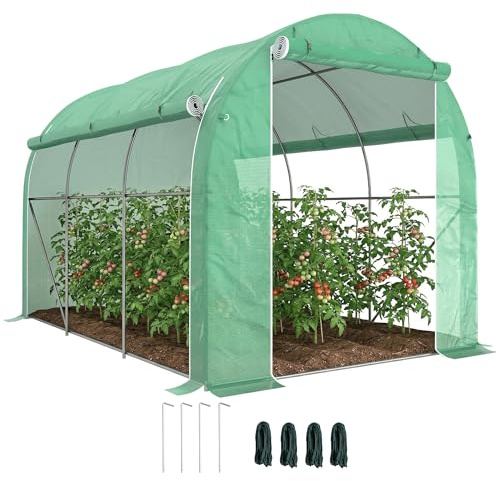 Outsunny Trädgårdsväxthus 6 m² 3 x 2 m med 1 dörr + 2 rullande sidoväggar med dragkedja, 6 fönster, galvaniserat stål PE hög densitet 140 g/m² anti-UV grön