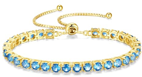 FANCIME Bracciale tennis da donna placcato oro 14 carati, con pietra natale, in argento Sterling 925, regolabile, con glitter, gioielli regalo per donne, fidanzate, mogli, madri, 20 cm, Topazio blu