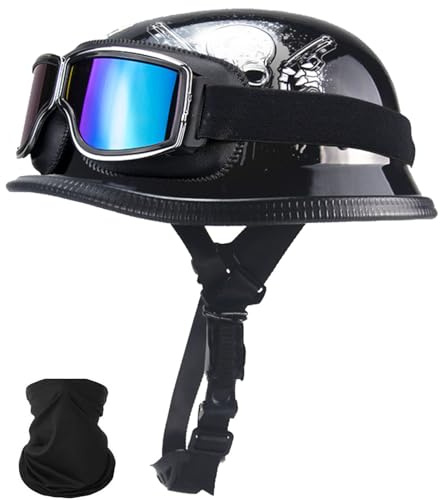 Vintage Motorcycle Helmet Half Shell German Motorcycle Helmet with Cycling Glasses DOT Approved Motorcycle Open Face Helmet,Light Skull Cap Helmet for Men Women Chopper Moped Scooter,M-XXL