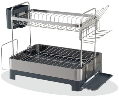 KOMFOTTEU Escurridor para Platos de Acero Inoxidable, Escurreplatos de 2 Niveles con Bandeja de Goteo, Cubo de Cubiertos, Portavasos, Estante Organizador de Cocina, 57 x 32 x 39,5 cm