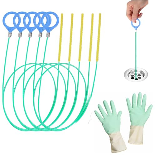 5 Pezzi Sturalavandini 90cm Flessibili in Nylon con 1 Guanto in Gomma, Pulitore per Scarichi Bagno Cucina Lavandino, Rimuovi Capelli e Detriti, Riutilizzabile