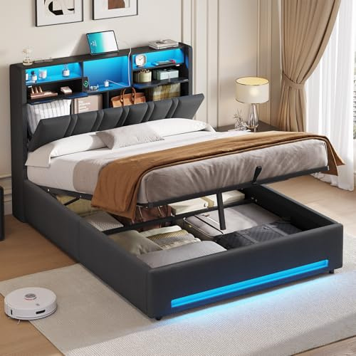 DICTAC 4ft6 Double Ottoman Storage Bed with RGB LED Lighting, Upholstered Bed Frame with Charging Station & Bookcase Headboard, Hydraulic Lift Up Storage Bed, 135x190cm led double bed with storage