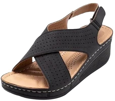 Genérico Sandalias de mujer para fascitis plantar, cómodas, con cuña y punta abierta, con tira en el tobillo, ajuste ancho, con amortiguación y soporte para el arco. (Black, 38)