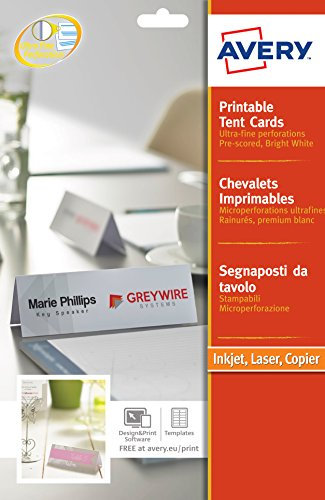 AVERY - Pochette de 20 porte-noms imprimables, En carte blanche 190g/m², Format 210 x 60 mm, Impression laser / jet d'encre, (L4796-20)