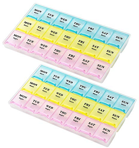 Pastillero semanal para vitaminas y medicamentos, organizador para 21 tomas, cajas para 3 tomas diarias, fáciles de leer y fácil de transportar, 2 unidades