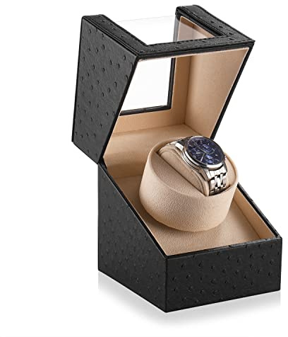 Efaithtek Automatic Single Watch Winder in Black Ostrich Pattern Leather with Japanese Quiet Motor，AC Adapter or Battery Powered