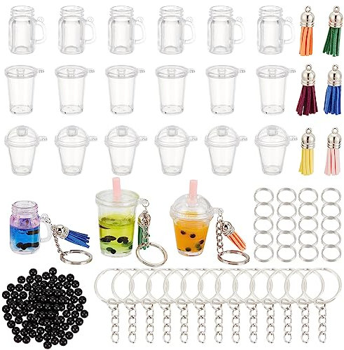 OLYCRAFT 218pcs Mini Milky Tea Keychain Accessories Bubble Tea Epoxy Resin Casting Kit Mini Cup Pendant Charms with Keychain Rings Tassels Bubbles Straws for Key Chian DIY Jewelry Making