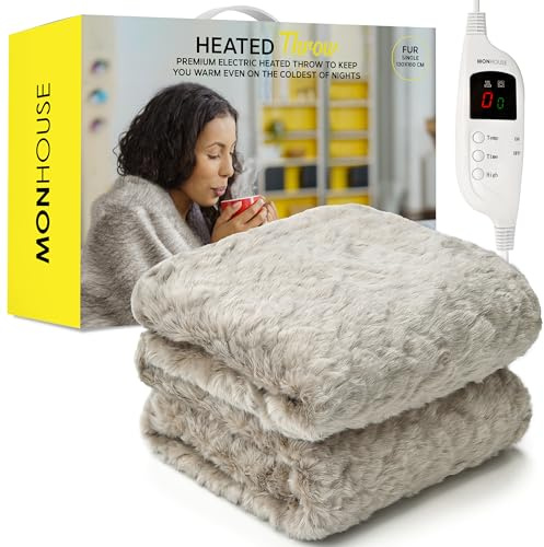 MONHOUSE 130X160 cm Soft Electric Sofa Blanket - Single Heated Throw With Digital Controller - Machine Washable Bed Throw, Timer up to 9 hours, 9 Heat Settings, Auto Shutoff - FUR Sherpa Fleece