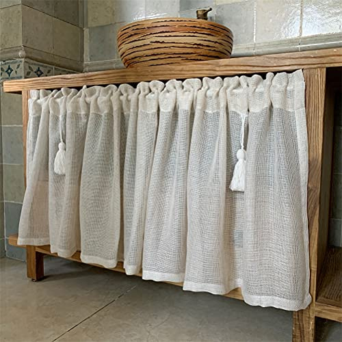 ACMHNC Rideau de Cuisine Court Vintage Transparent Rideau Brise- Bise Style Maison de Campagne Décoration de Fenêtre en Voile Demi Rideau pour Placard,Blanc,W x H 100x75cm
