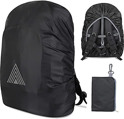 Waterproof Backpack Rain Cover (15-75L), Reflective Rucksack Cover, Adjustable Foldable Rainproof Dustproof Protector for Hiking, Camping, Cycling (S: 30-40L), Black
