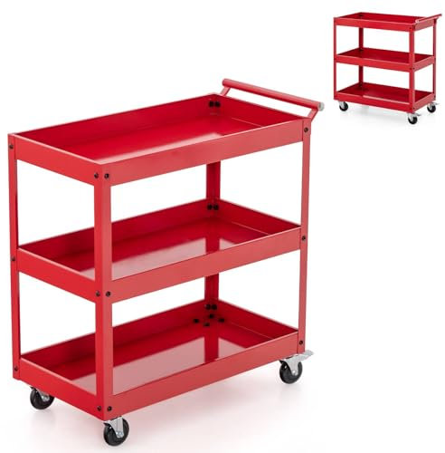 GiantexUK 2/3-Tier Tool Trolley, Metal Frame Utility Service Cart with 4 Wheels and Handle, Heavy Duty Rolling Storage Trolley for Office, Garage, Warehouse and Workshop (3-Tier, Flat Handle, Red)