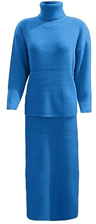 FNKDOR Ensemble Pull Ample tricoté pour Femmes, Jupe Portefeuille, Taille Haute, Manches Longues, col Haut, Couleur Unie, Sexy, Loisirs, Automne et Hiver Jupe Plissée Noire (Blue-C, XL)