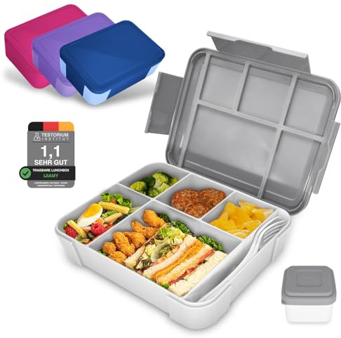 IJIAMY Bento Lunch Box Kids, Bento Box Lunch Box Adults with 5 Compartments and 1 Salad Dressing Containers, Snack Box for Kids and Adults Work School (Grey)
