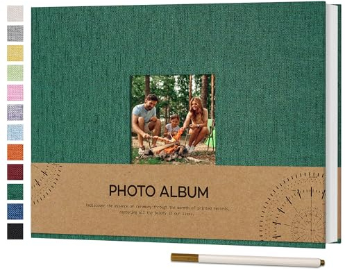 Vienrose Album Fotografico Autoadesivo con Finestra di Visualizzazione 10 x 15, Piccolo Album Scrapbook con Copertina in Lino 60 Pagine Bianche con Penna in Metallo, 21,5x30 cm Verde scuro