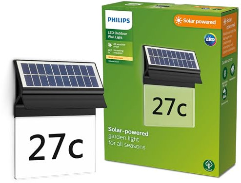 Philips Outdoor Solar Enkara Wandleuchte mit Hausnummer, 0,2W, Tageslichtsensor, 2700 Kelvin, schwarz