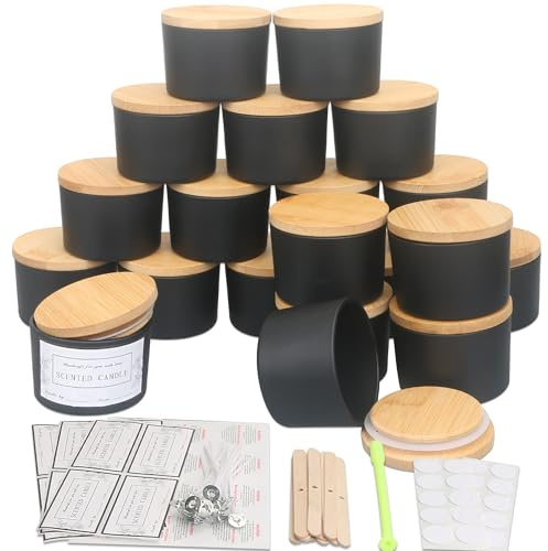 MILIVIXAY 20 unidades de 118 ml de tarros de vidrio para velas mate negros con tapa y kits de fabricación de velas – Gran paquete de abertura amplia pequeños tarros de velas vacíos para la fabricación