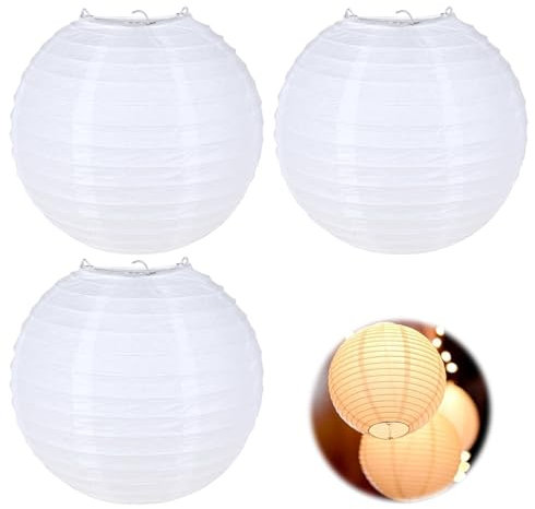 MADGININE 3 PCS White Paper Lanterns, Round Ribbed Style Paper Shades for Ceiling Lights, 20cm/8'' Diameter, Soft Warm Light, Classic Design