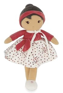 KALOO - Tendresse - Ma 1ère Poupée en Tissu Emilie - Poupée de Chiffon 25 cm - Jupe en Micro Velours & Cache-cœur Rouge - Jolie Boite Cadeau - Ruban Personnalisable - Dès la Naissance, K200015