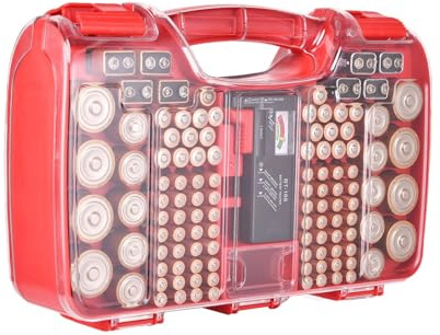 Myutrensty Batterilåda med testare, batteriförvaringslåda arrangör för 180 batterier AA, AAA, C, D, 9 V, knappcell (röd)