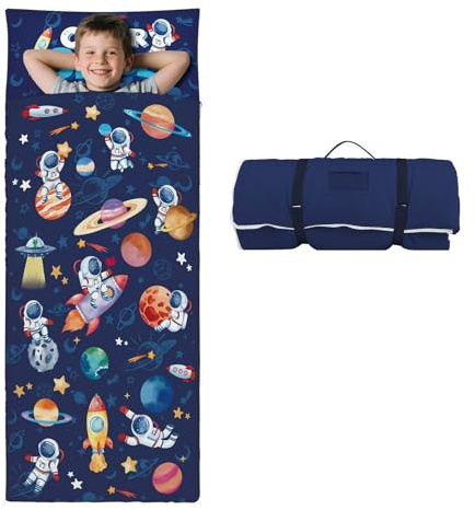 decalsweet Sacco a Pelo Bambino con Rimovibile Cuscino, Nap Mat per Bambini Pieghevole per Ragazze Ragazzi, Nap Mats con Doppia Cerniera per Campeggio, Scuola Materna e Asilo, 150×60cm Astronauta