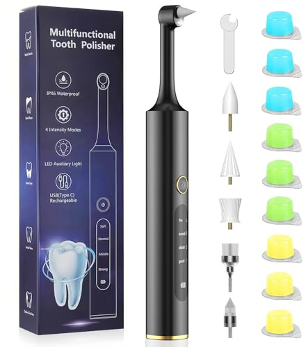Tooth Polisher with 5 Brush Heads, Teeth Polishing Kit Electric Dental Polisher Plaque Remover Rechargeable Toothbrush LED Light Cleaning Kit for Home Use Whitening Tooth (9 Pastes, 4 Speed Modes)