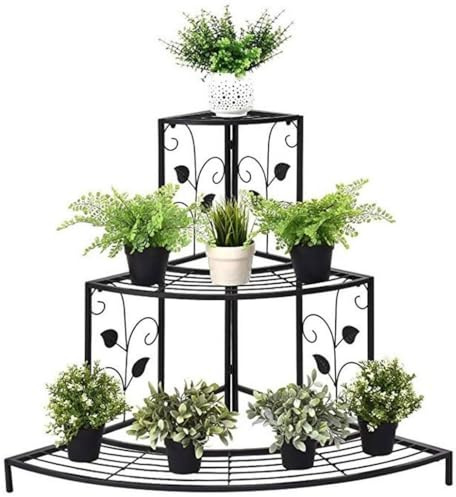 Stair-Step Corner Plant Stand Metal Flower Holder Pot with 3 Tier Garden Decoration Display Wrought Iron 3 Layers Planter Rack Shelf Organizer for Garden Home Black