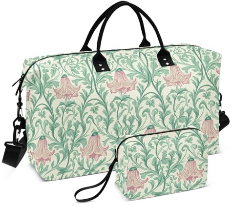 Retro rosa klockblomma gröna blad dekorativ duffelväska för övernattning sport gymväska med justerbar rem för yoga stor kapacitet vibrator för kvinnor